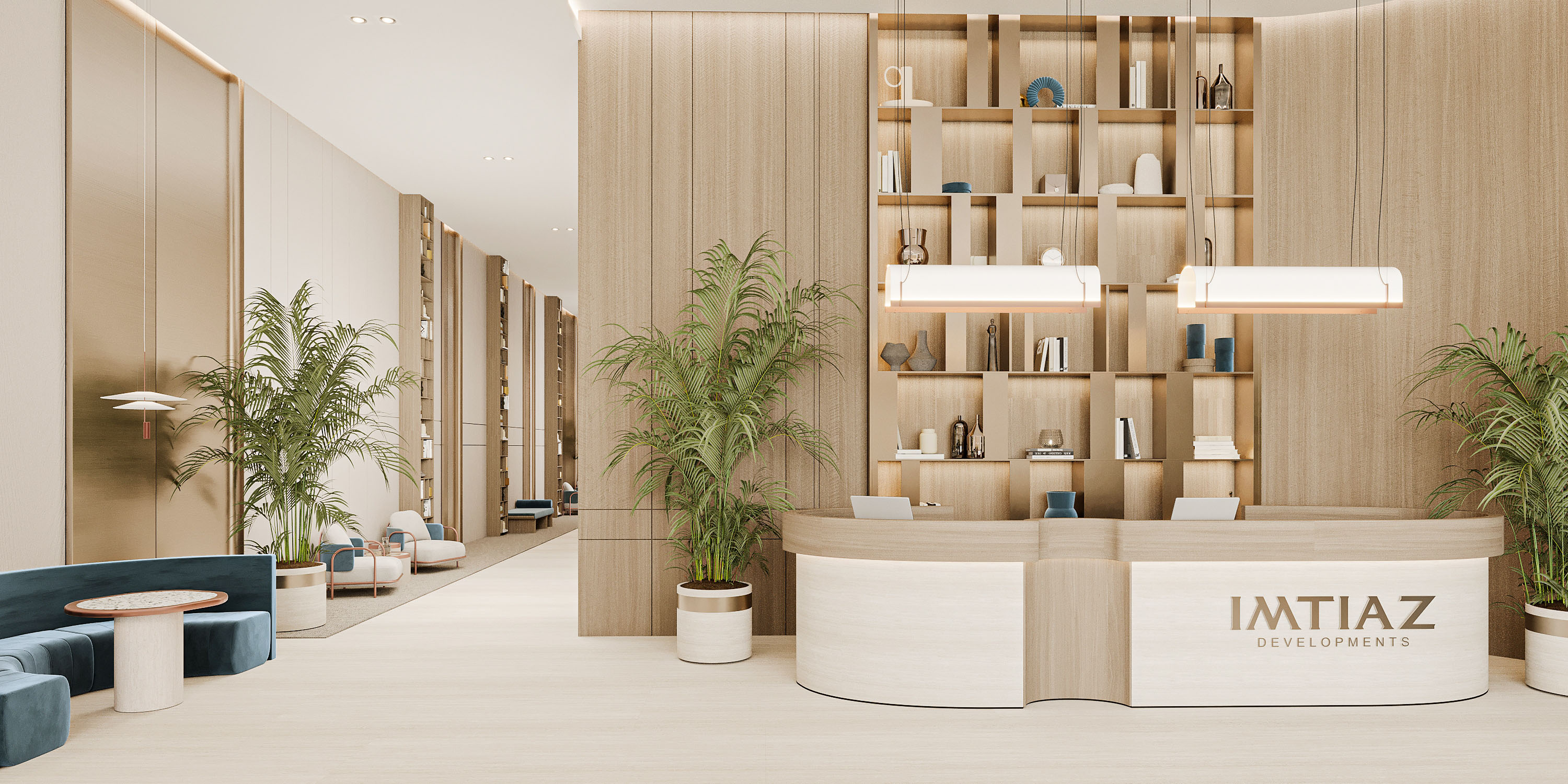 Cove Edition I By Imtiaz 1 A modern reception area featuring wooden panels, plants, stylish seating, and a welcoming desk displaying "IMTIAZ Developments."